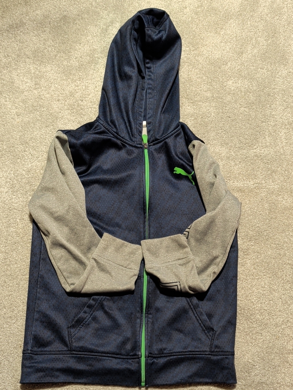 Puma Navy Hoodie with Gray Sleeves and Bright Green Zipper Size 14-16